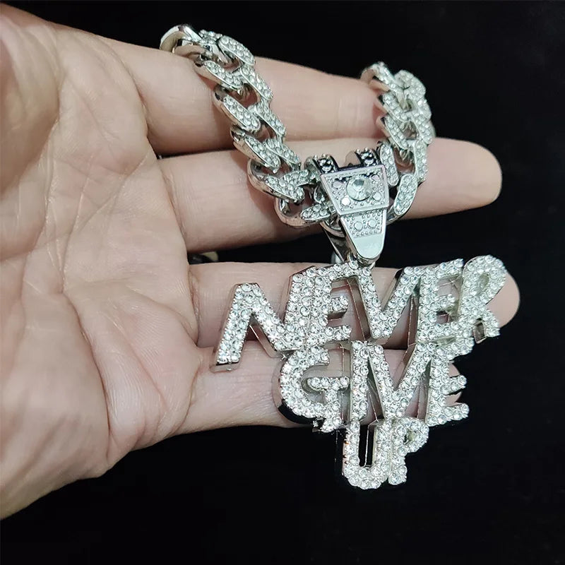 Iced Out Cuban Link Chain + NEVER GIVE UP PENDANT