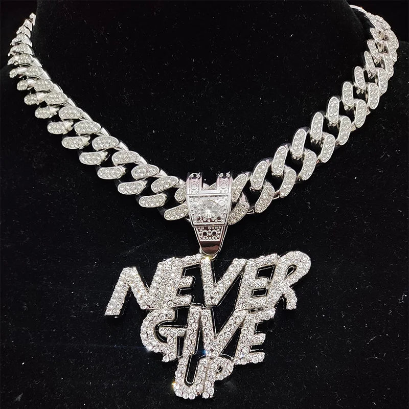 Iced Out Cuban Link Chain + NEVER GIVE UP PENDANT